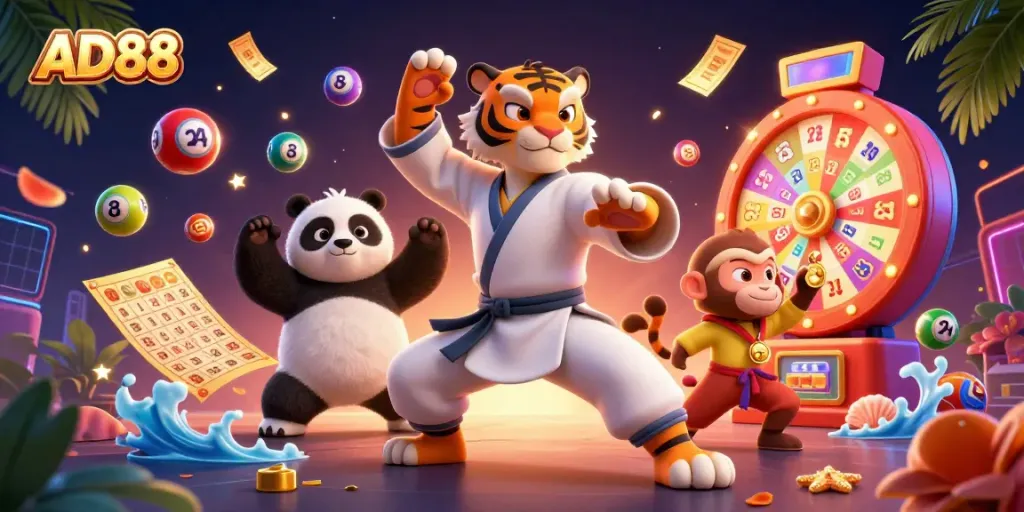 Experience AD88 with a dynamic scene of a kung fu tiger, panda, and monkey in a vibrant casino-themed illustration.