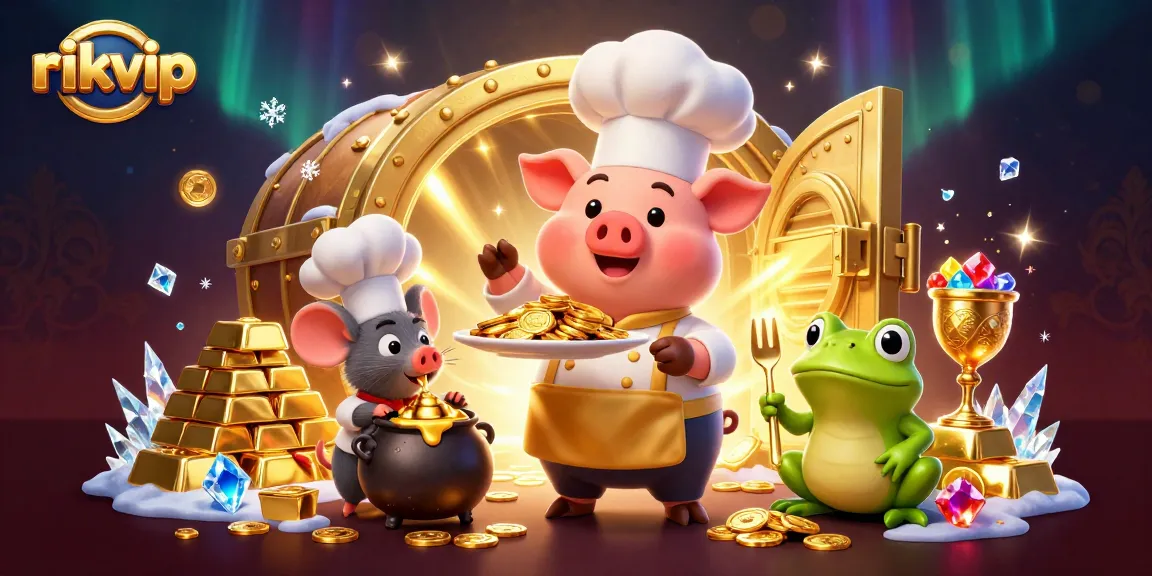 Play casino games at rikvip, featuring vibrant characters and immersive gold-themed elements.