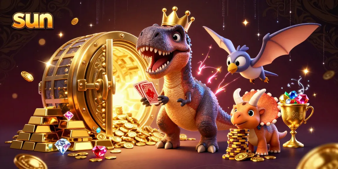 Place your bets on sun-themed slot games with card-shuffling dinosaurs in vibrant 3D action.