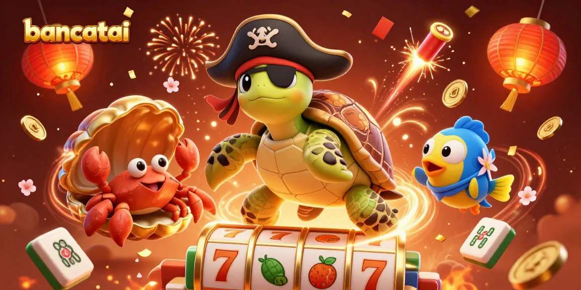 Experience winning strategies at Bancatai with a vibrant 3D illustration of a pirate turtle amidst exciting casino elements.