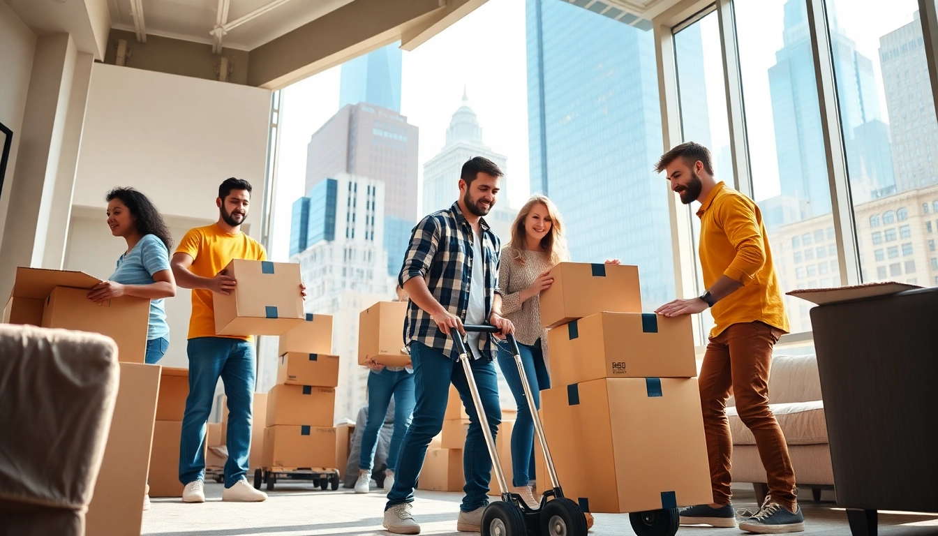 Utilizing moving services manhattan, professional movers assist a family in relocating within a busy apartment.