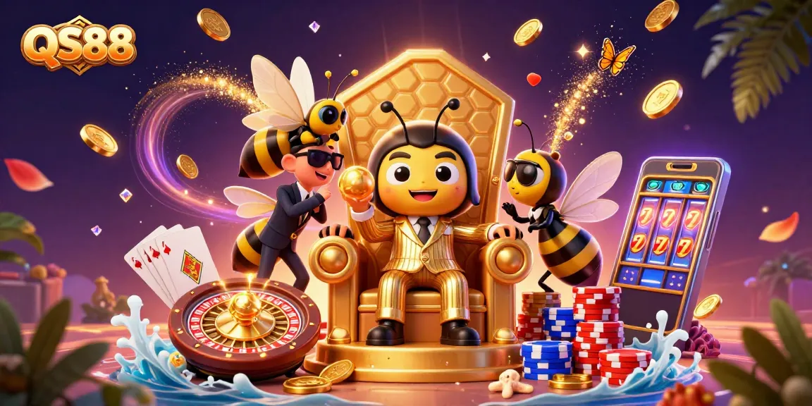 Experience thrilling gameplay at QS88 with dynamic characters surrounded by dazzling casino elements.