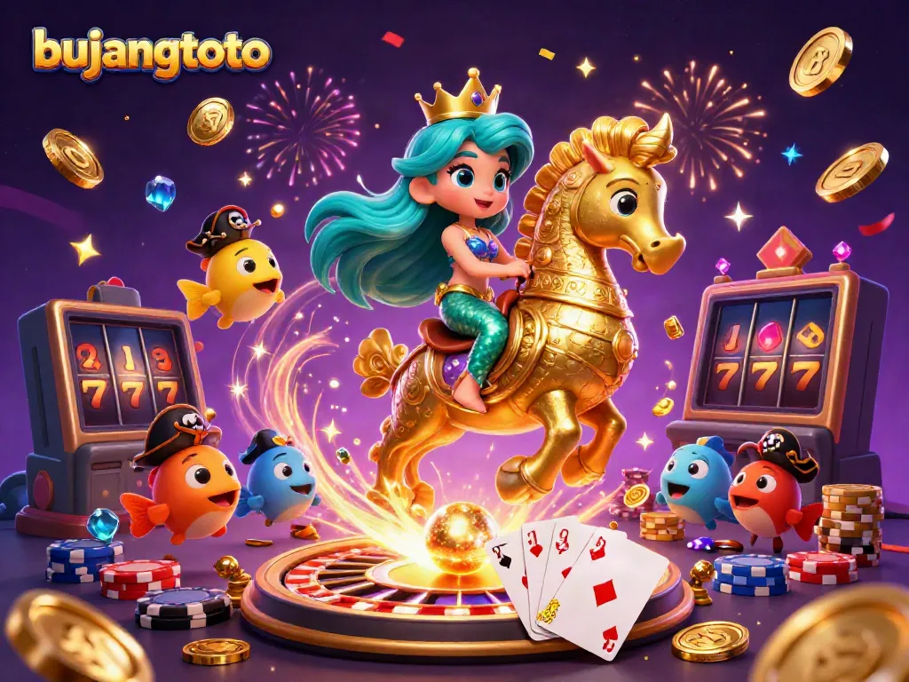 Engage with bujangtoto's vibrant casino adventure featuring a magical mermaid, seahorse, and dazzling game elements.