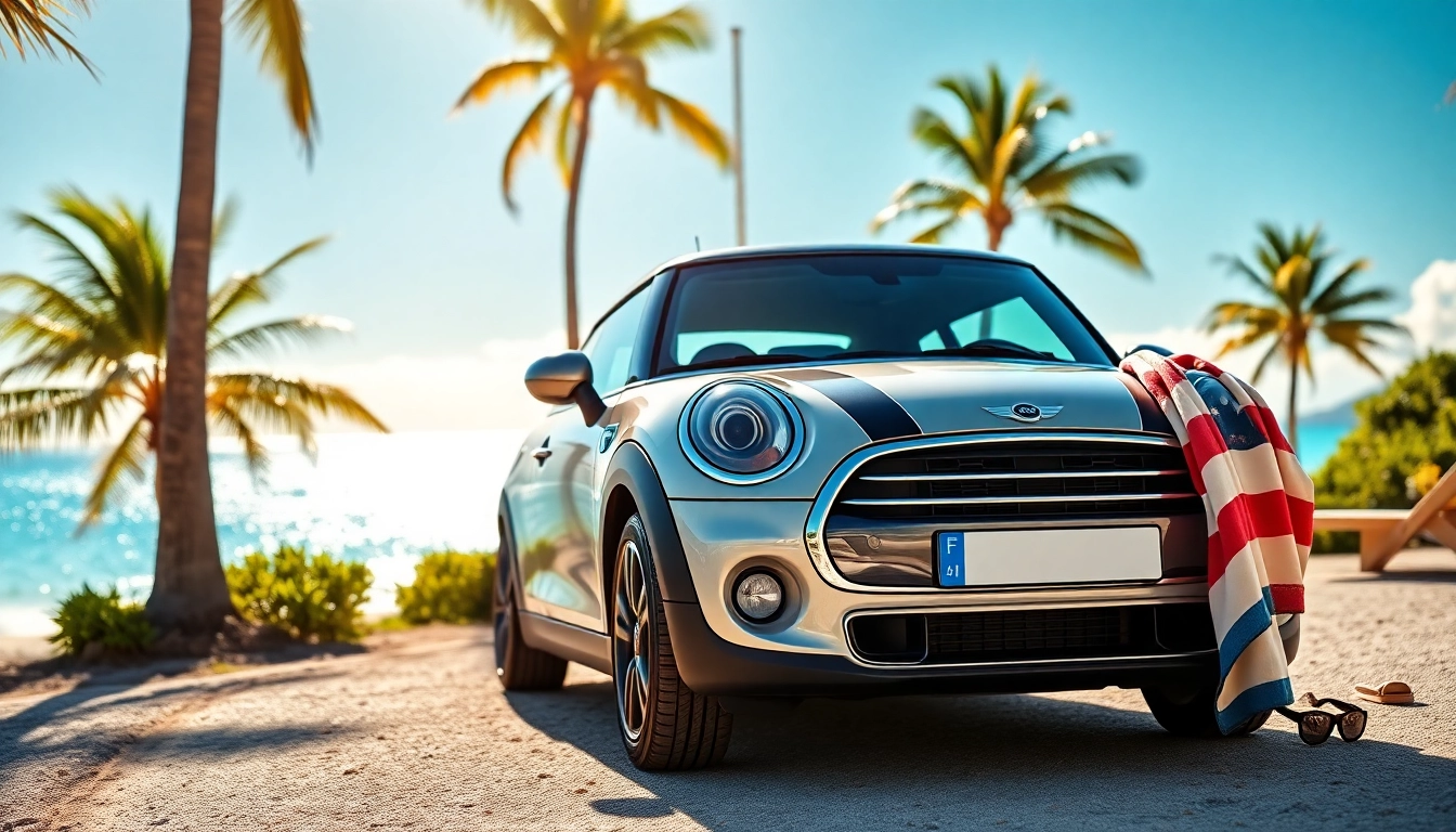 Experience mini cooper rental st barts with a convertible parked stunningly on a beach path.