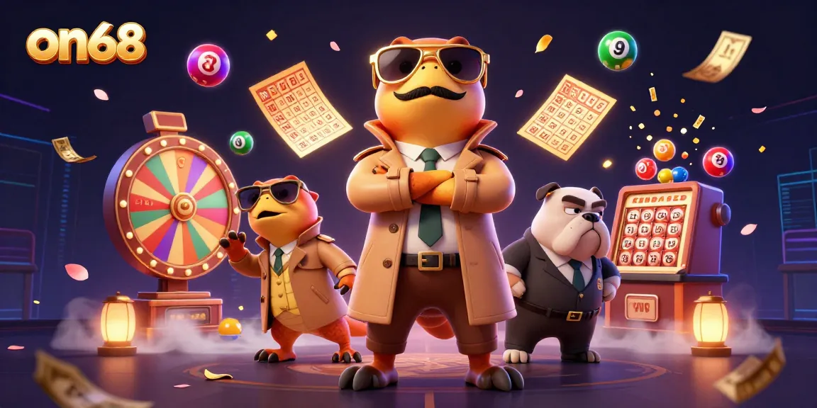 Experience on68 with dynamic lottery elements and playful characters in a vibrant casino scene.