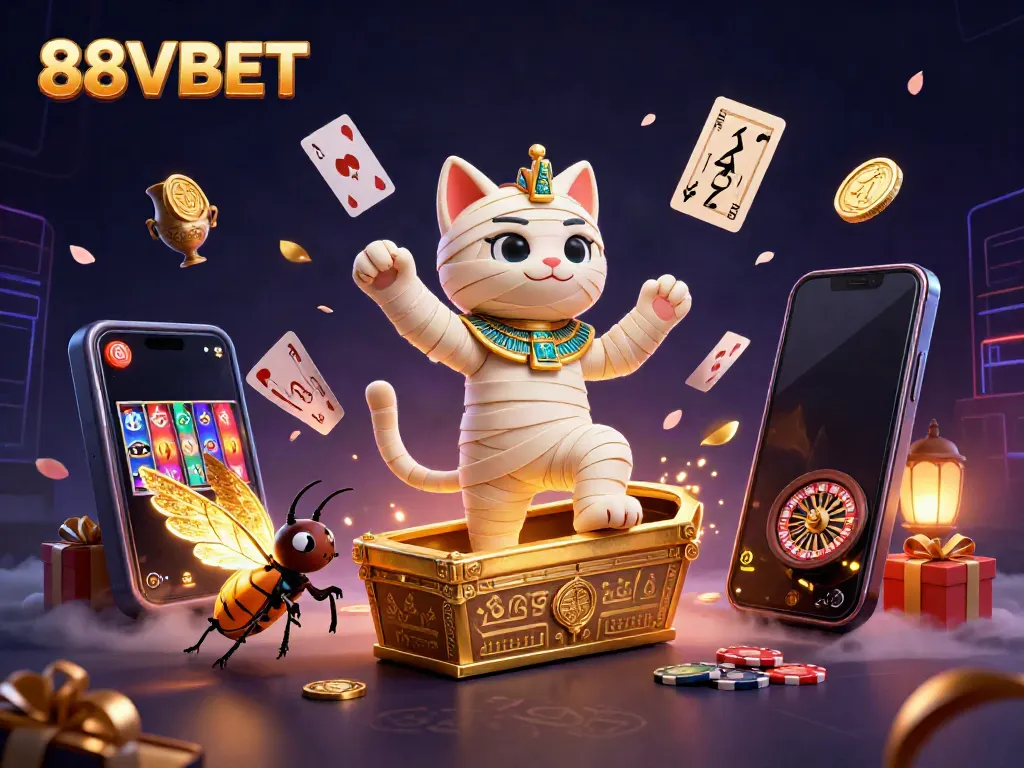 Engage with the thrilling atmosphere of 88VBET's casino experience, featuring a vibrant scene with a mummy cat and golden coins.