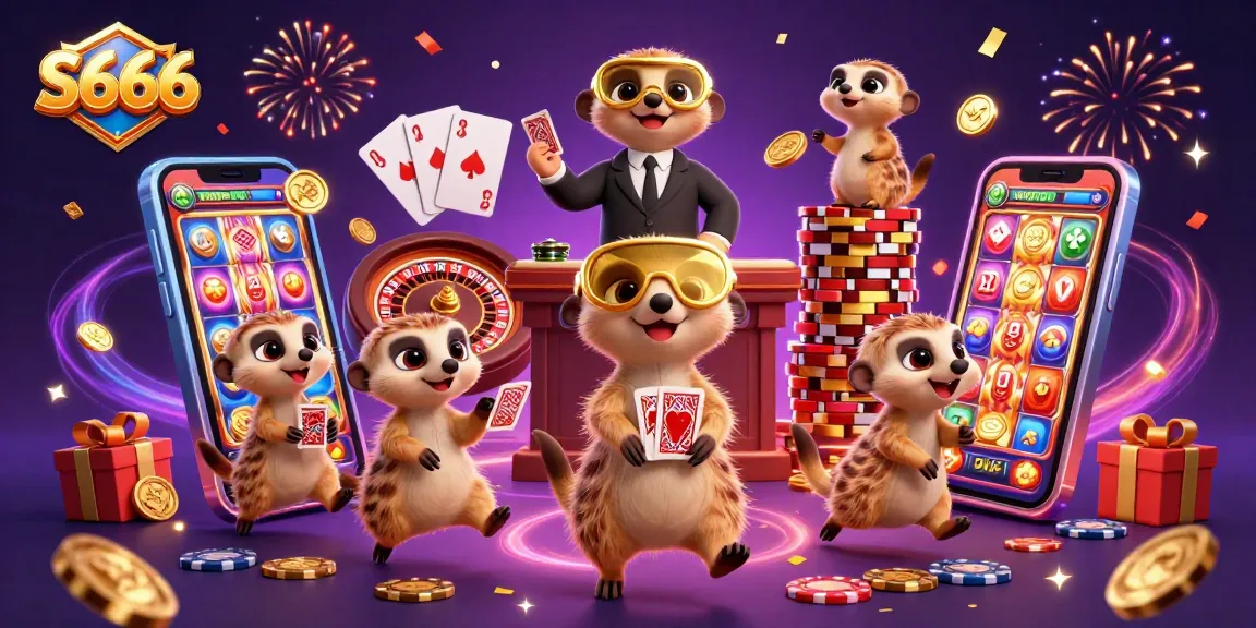 S666 casino scene with meerkats managing games and winning slot rewards
