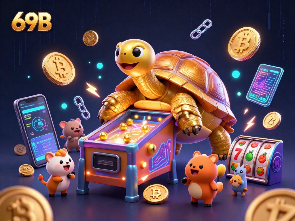 Aproveite a experiência de jogo no 69B com uma tartaruga dourada jogando pinball rodeada por elementos de cassino vibrantes.