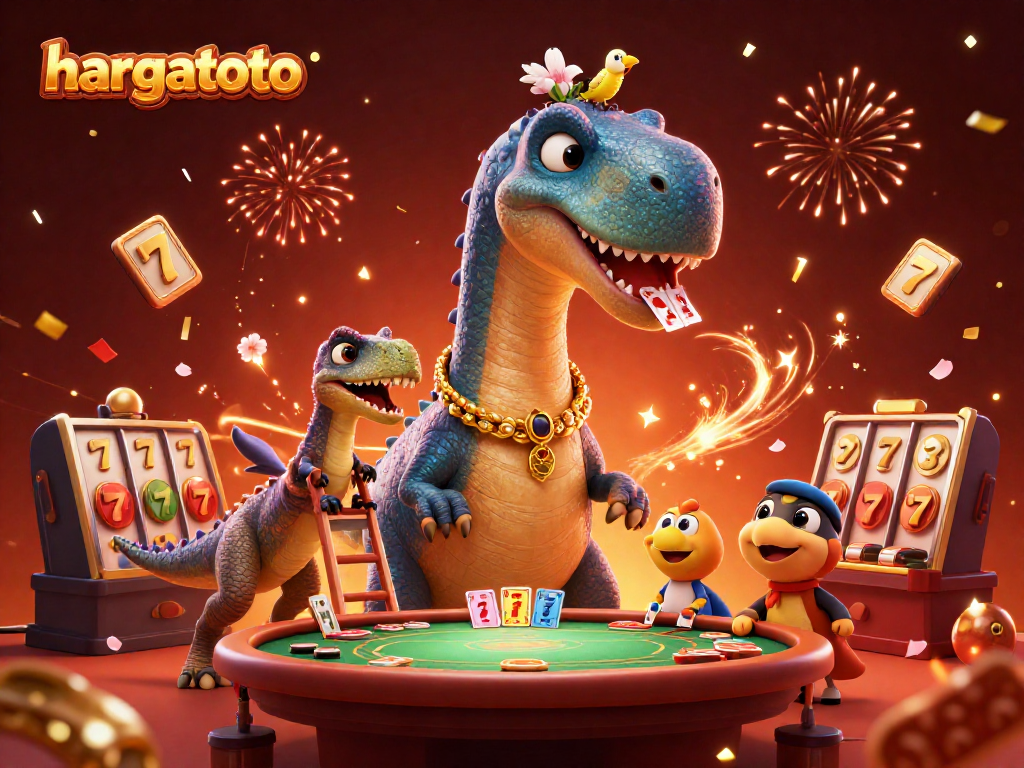 Hargatoto delivers thrilling gaming experiences with a playful brontosaurus and raptor in a vibrant casino scene.