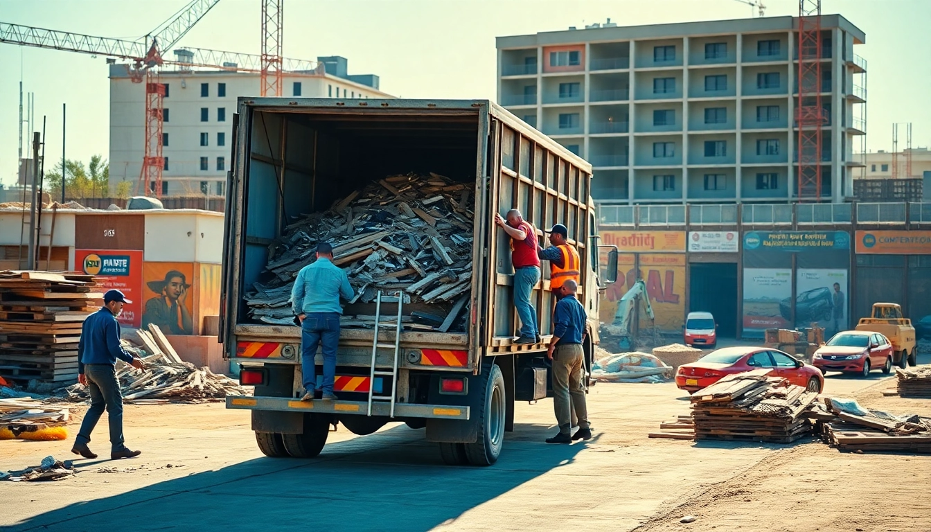 Workers efficiently loading debris into a truck during a hauling operation at a construction site.