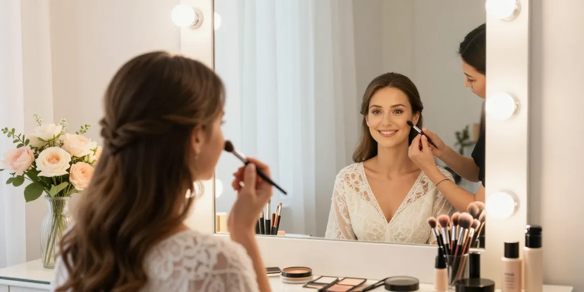 Trucco sposa in un ambiente romantico con artista e sposa sorridente.