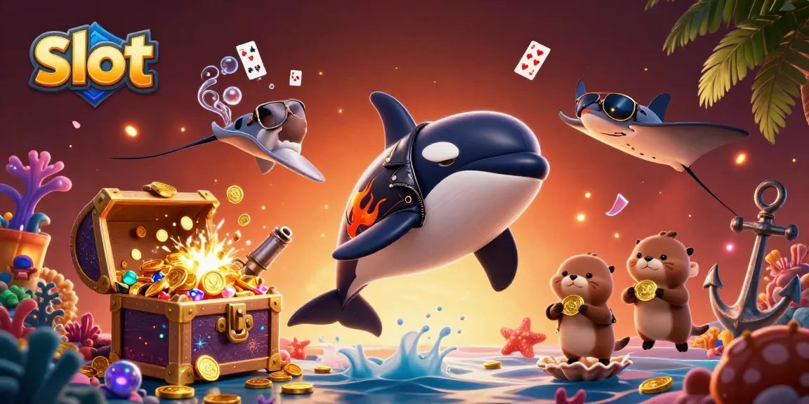 Menang besar dengan slot gacor yang ditampilkan oleh orca mengemudikan koin emas dalam ilustrasi penuh warna.