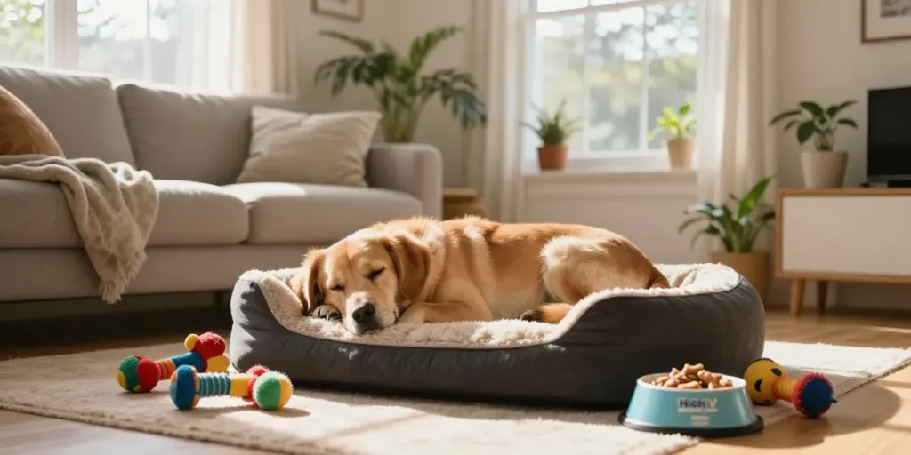 Calming Dog Treats on display beside a relaxed dog in a cozy living room.