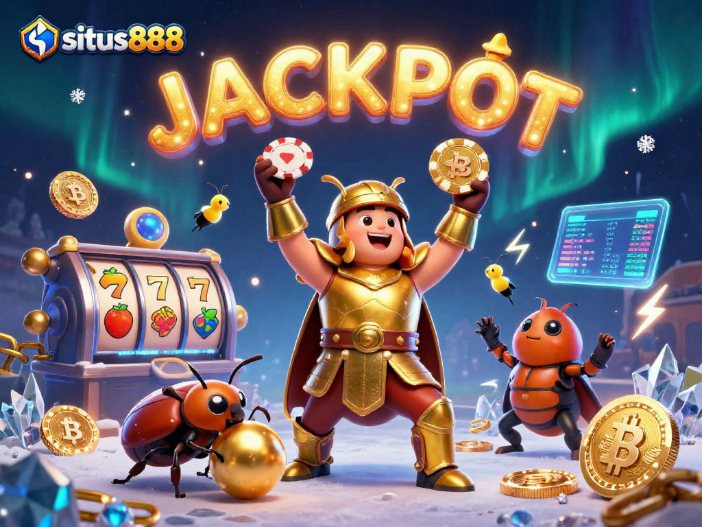 Experience excitement at situs888 with a 3D beetle warrior celebrating a jackpot victory!