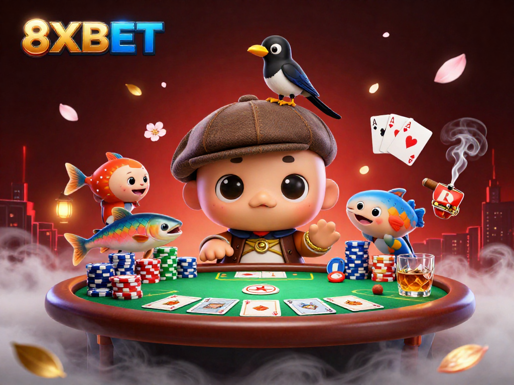 Experience 8XBET's vibrant casino atmosphere with engaging characters and dynamic gambling elements.