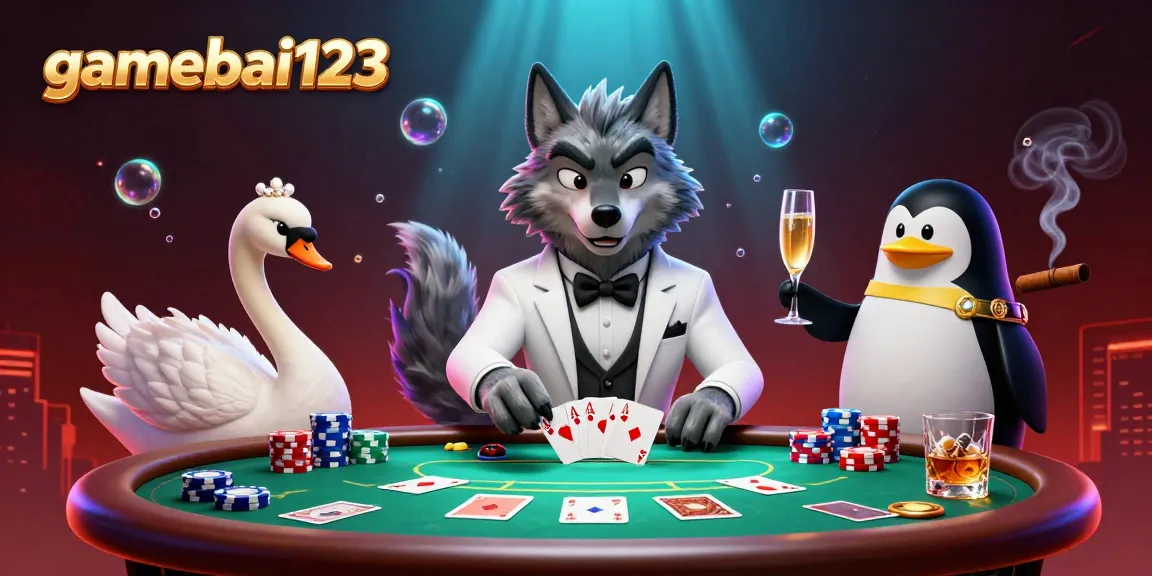 Experience the excitement of gamebai123 with a charming wolf, elegant swan, and penguin sommelier in a dynamic casino scene