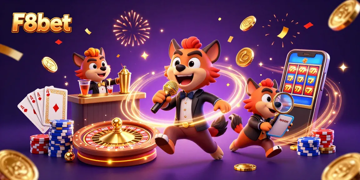 Experience F8bet at a lively casino with hyena characters enjoying comedy and cocktails.