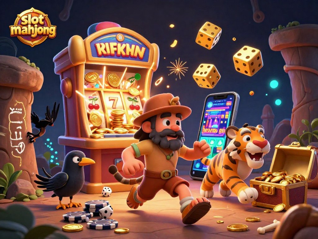 Play exciting slot mahjong with golden coins and jackpot explosions in a vibrant online casino scene.