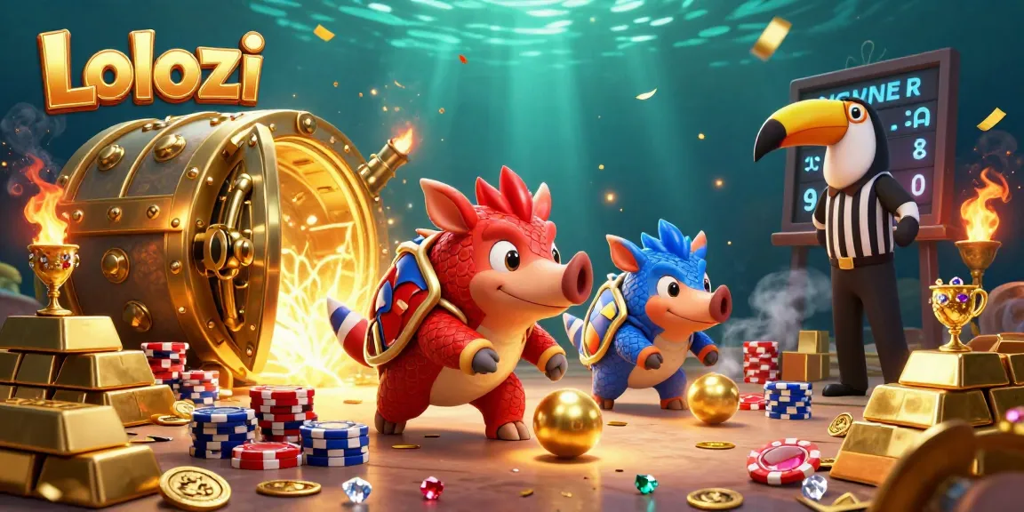 Lolozi pangolins roll golden balls while bowling through poker chips celebrating a casino win