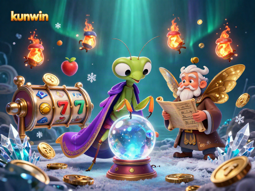 Engage with kunwin in an immersive casino scene featuring a praying mantis fortune teller and vibrant slot game elements.