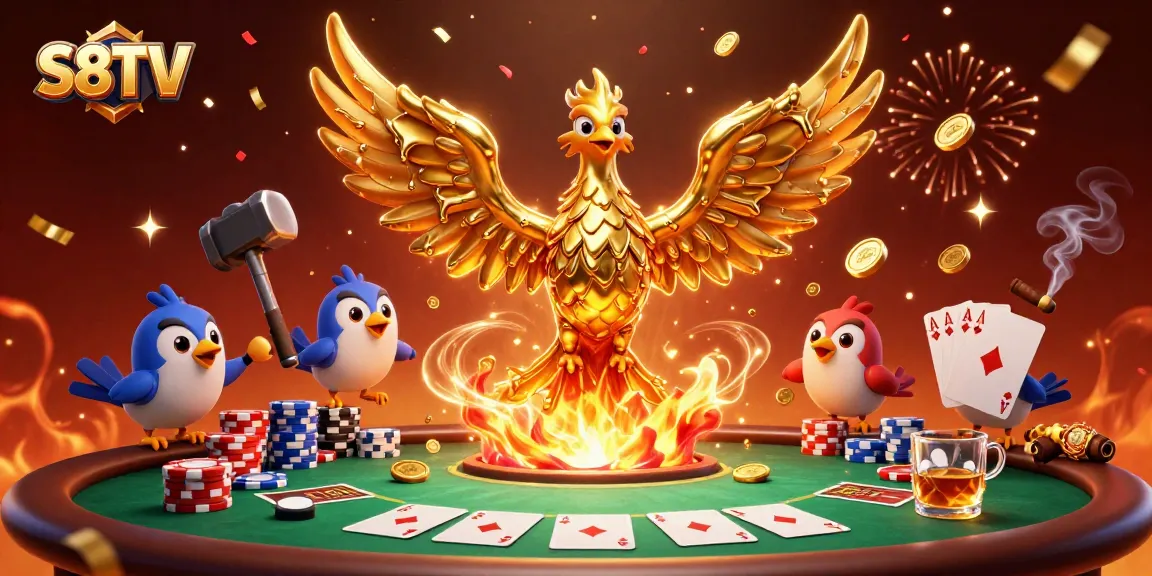 S8TV brings thrilling live streaming with a molten golden phoenix, poker excitement, and rich casino elements.