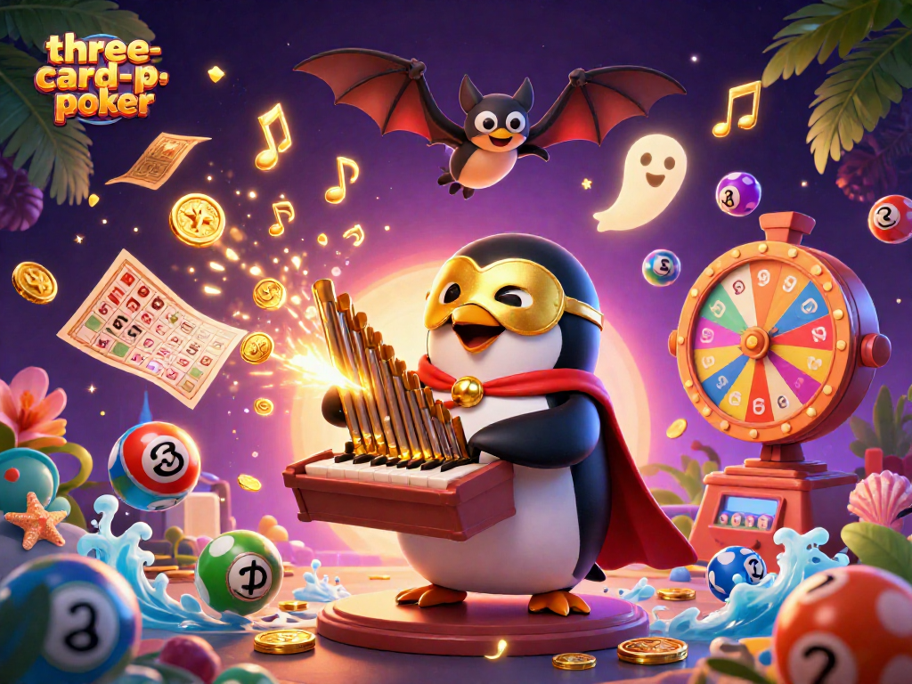 Experience three-card-poker thrills with a dynamic scene of vibrant characters and casino elements.