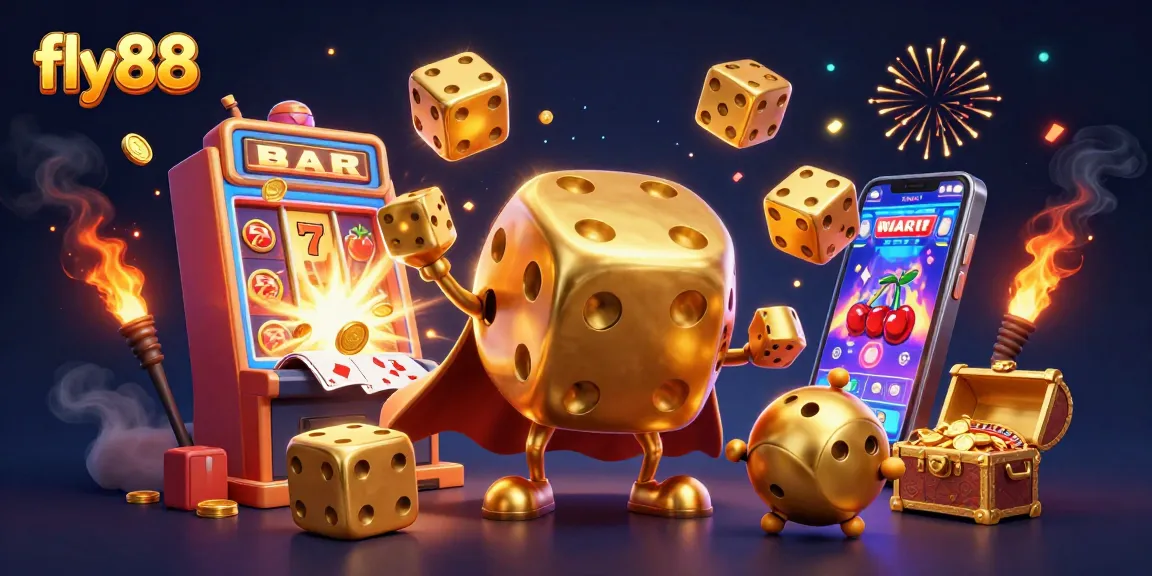 Experience thrilling gaming at fly88 with an ultra-detailed jackpot scene showcasing slot machines, dice, and dynamic characters.