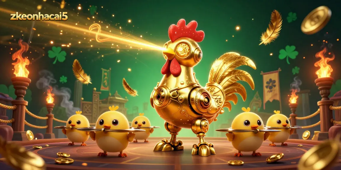 Experience thrills with zkeonhacai5 in a vibrant casino illustration featuring golden rooster and drones.