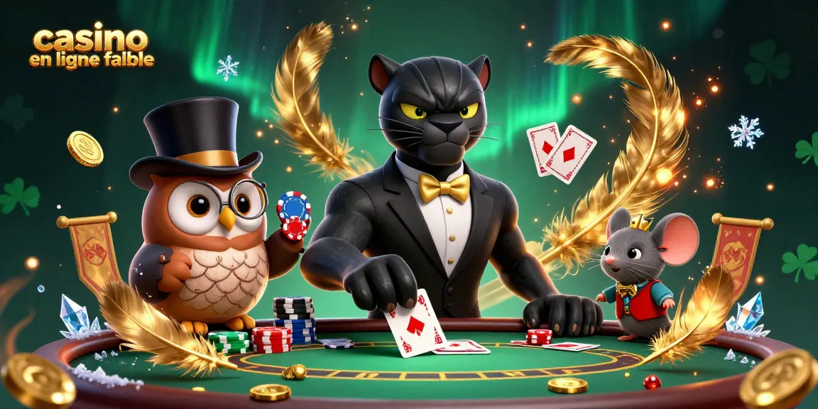 Jouer aux cartes avec le casino en ligne fiable, illustré par une panthère élégante, une chouette et une souris chanceuse.