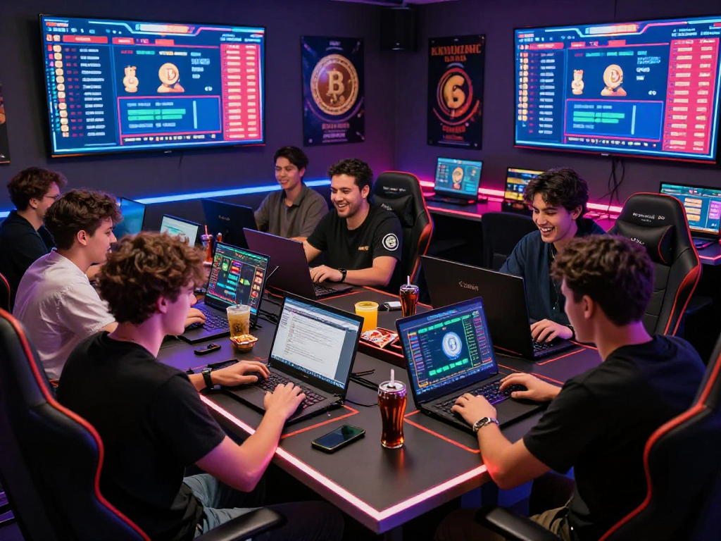 Exciting crypto casino scene with friends engaging in online gaming, showcasing vibrant digital displays and gaming atmosphere.