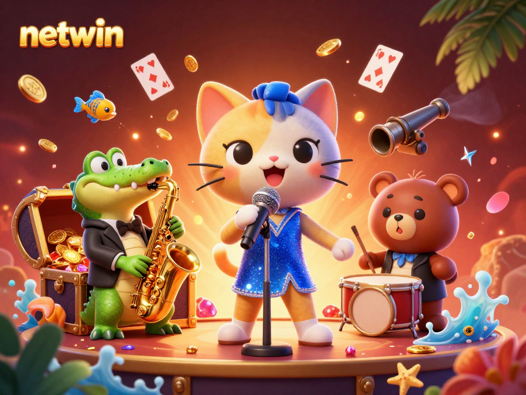 Engage in thrilling gaming at Netwin with vibrant characters in a lively casino scene.
