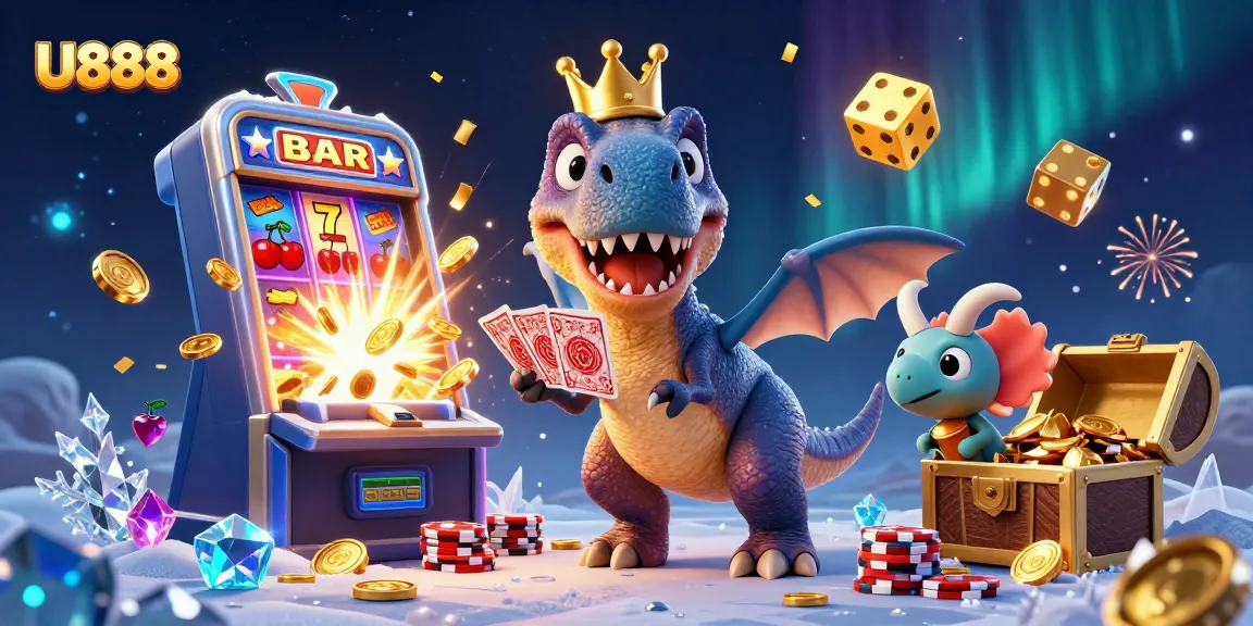 Win big with U888 as a friendly T-Rex plays cards, surrounded by dazzling casino elements.