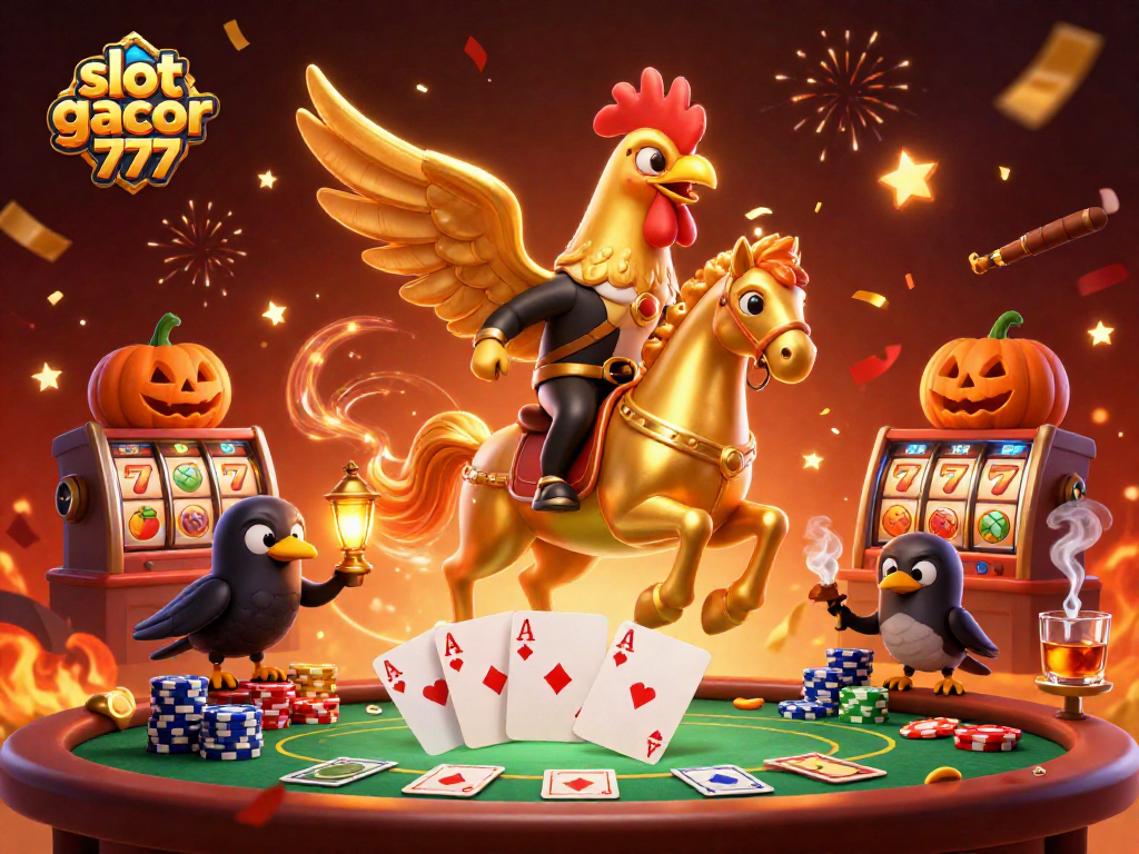 Engage with slot gacor 777 characters in a vibrant casino scene filled with poker elements, joyful confetti, and dynamic energy.