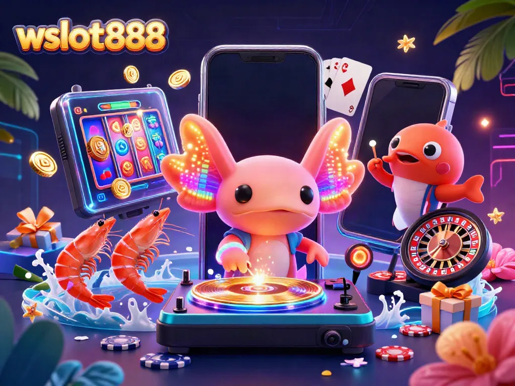 Menghadirkan pengalaman bermain wslot888 dengan karakter unik DJ axolotl dan teman-teman laut yang ceria dalam ilustrasi 3D yang menarik.