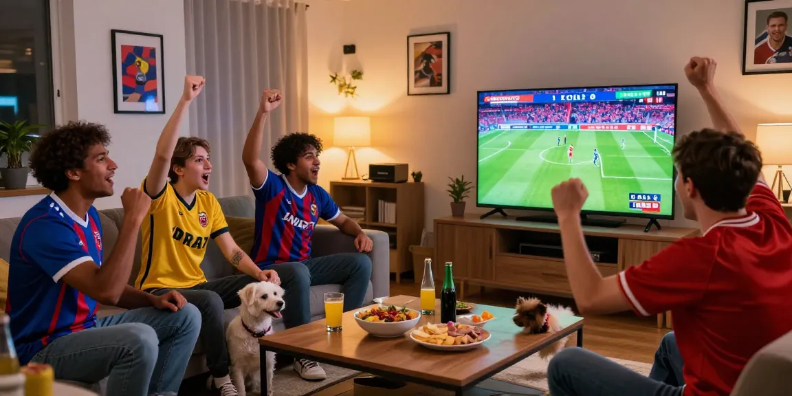 Fans enjoying a thrilling match on kora tv in a lively living room, displaying excitement and team spirit.