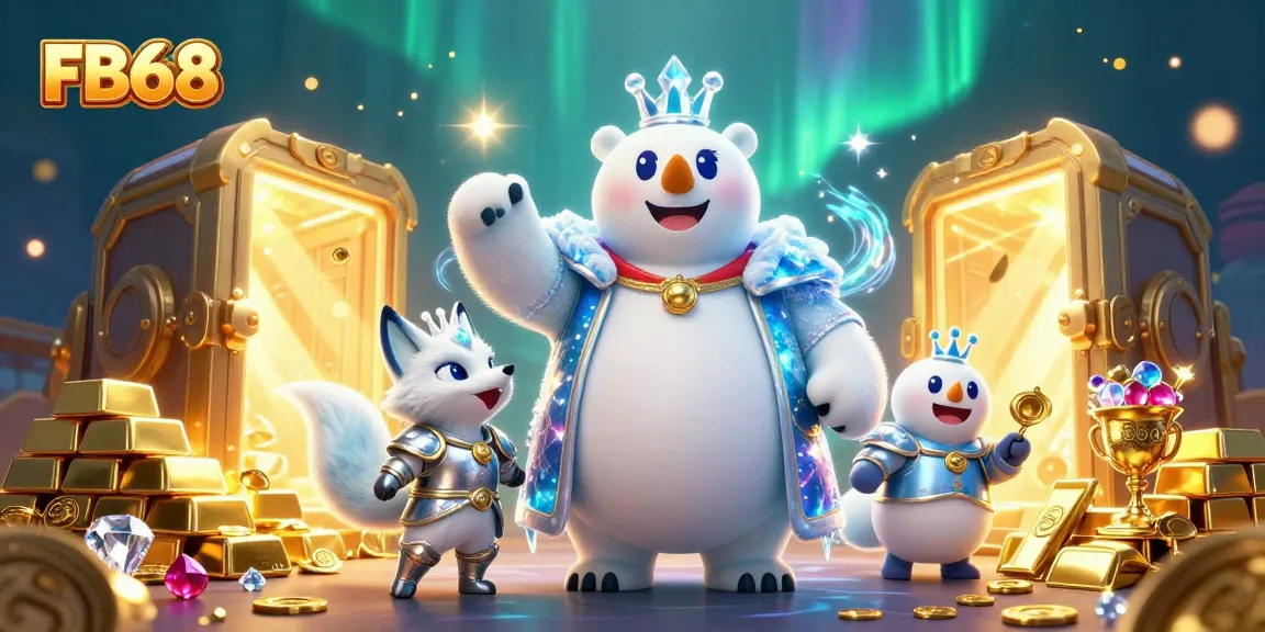 Experience the thrill of FB68 with an energetic 3D polar bear king and fox in a treasure-filled casino.