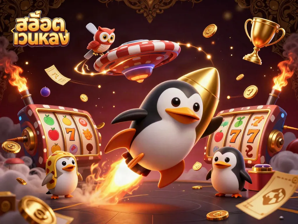 Experience สล็อตเว็บตรง with a 3D golden penguin racing toward a casino space station amidst vibrant elements.