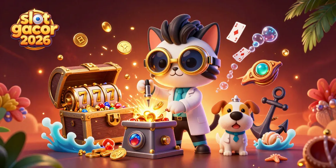 Permainan slot gacor 2026 diilustrasikan dengan kucing ilmuwan dan anjing sahabat dalam lab menghasilkan koin emas.
