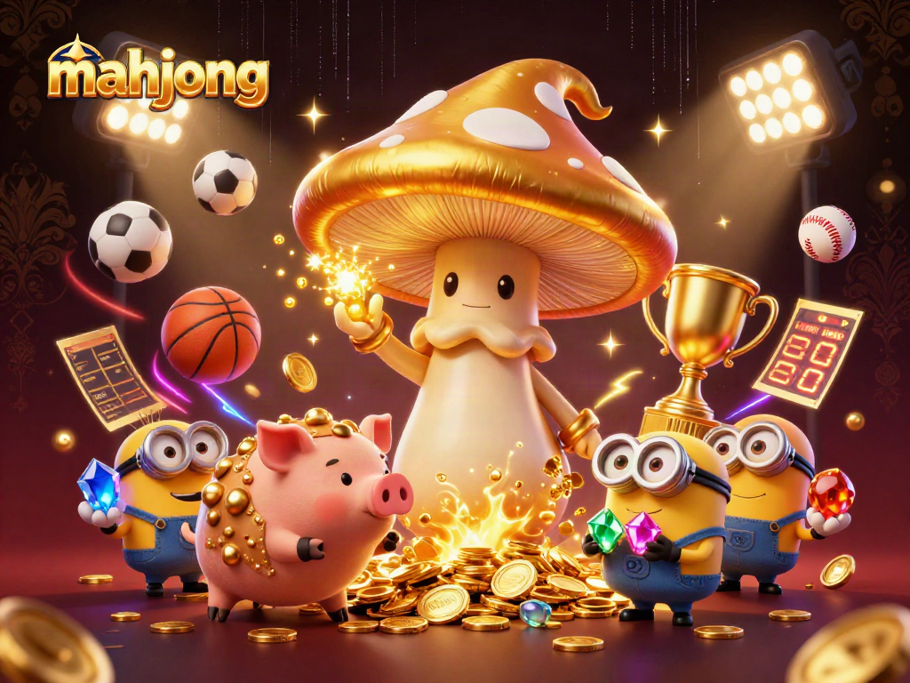 Engage in mahjong with a magical scene featuring a golden mushroom wizard and dynamic sports elements.