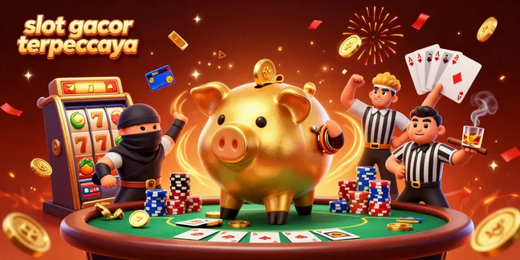 Menyaksikan slot gacor terpercaya dalam aksi dengan karakter kartun 3D meriah dan simbol slot mengelilingi mereka.