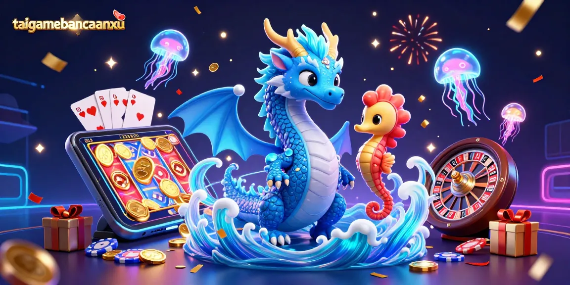 taigamebancaanxu showcases an azure water dragon and seahorse knight at a vibrant casino scene