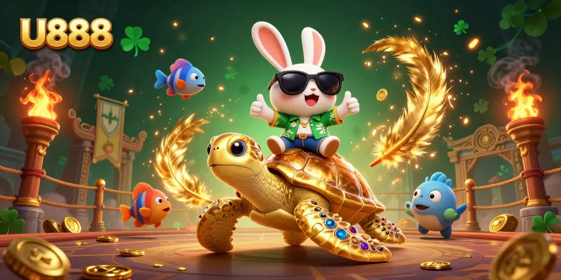 Experience thrilling gameplay at U888 with our lucky rabbit and golden sea turtle illustration.