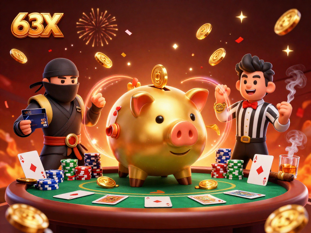 Ilustração 3D do 63X com um lutador de sumô e um ninja com moedas douradas caindo.