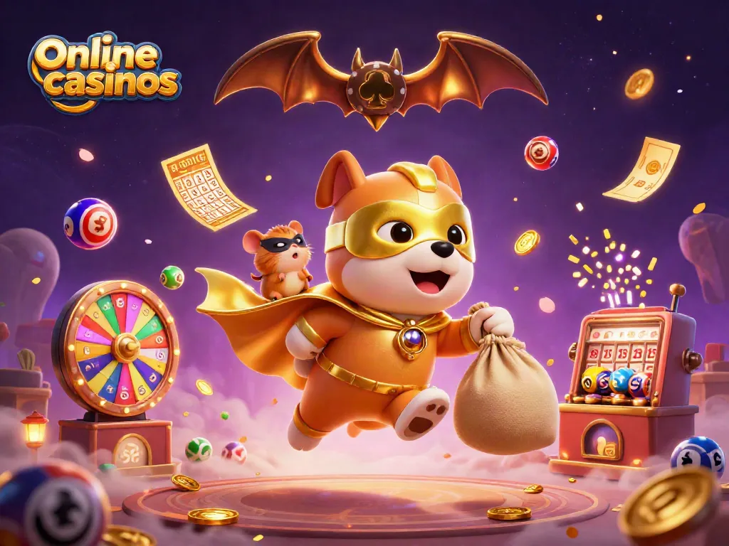 Engage with online casinos through a playful 3D illustration of a superhero dog and its hamster sidekick.