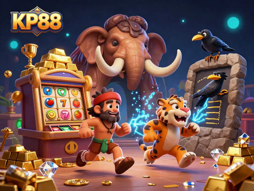 Experience thrilling gaming at KP88, with dynamic slot machines and vibrant casino characters.