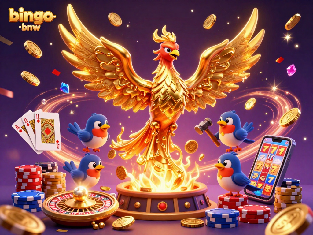 Experience thrilling gameplay with bingo-bnw, showcasing a golden phoenix and jackpot elements.