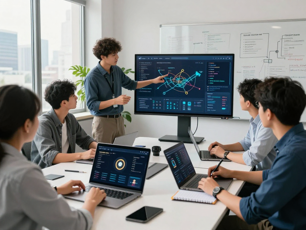 Team of blockchain developers discussing USDT0 cross-chain finance strategies in a modern workspace.