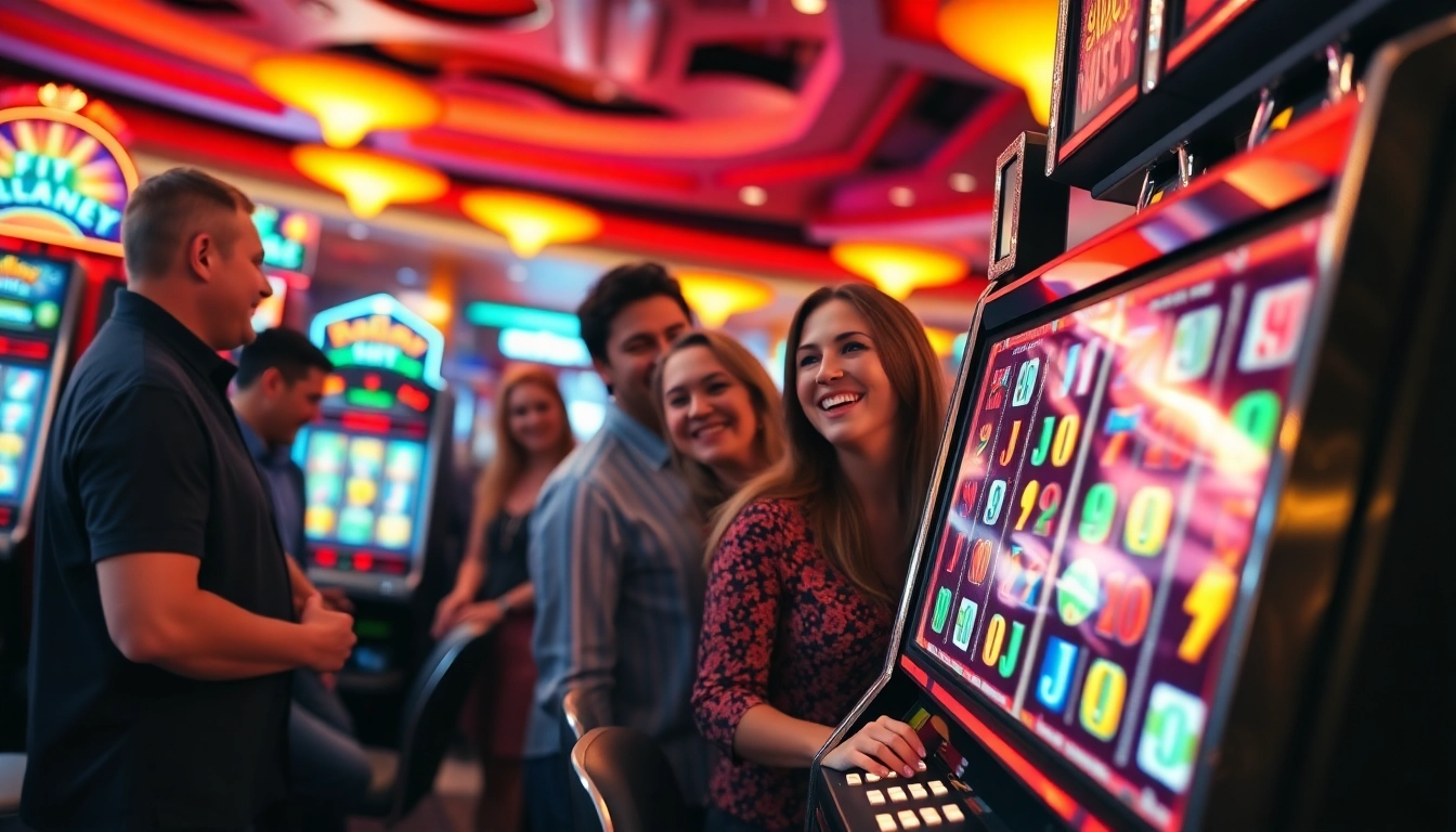 Experience lively slot gambling with diverse players engaging at colorful machines in a vibrant casino.