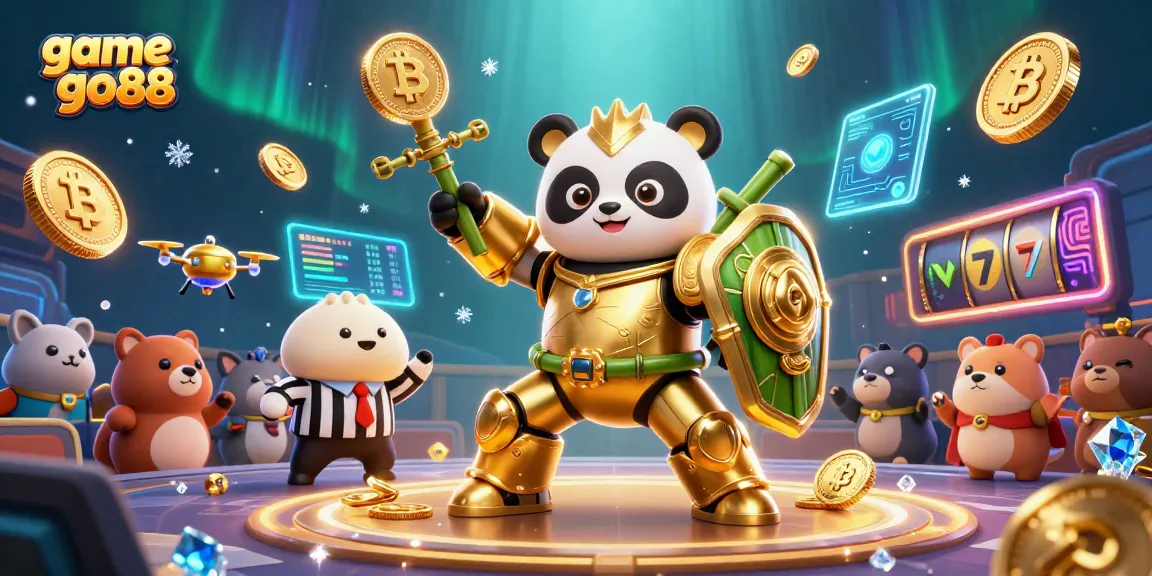 Engage with game go88 in a vibrant 3D illustration featuring a mech-suit panda battling in a casino arena.