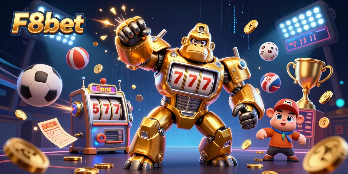 F8bet casino experience illustrated with a dynamic golden gorilla mech surrounded by sports elements and coins.